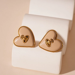 Boucles D Oreilles Coeur Vintage Alliage Résine Émail Avec Tige En Argent Saturne Orb Rétro Élégant Pour Femmes