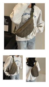 Detail view showing front, side, and back of army green quilted nylon crossbody chest bag