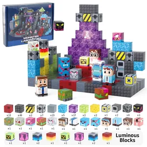 Magnetic building blocks set with monster theme featuring glowing cubes and geometric shapes