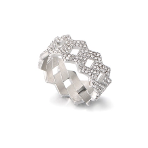 Hip hop silver stainless steel geometric ring with full rhinestone inlay in 45-degree view