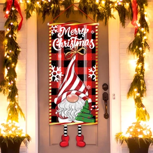 Christmas Hanging Banner Gnome Santa Red Black Plaid Polyester Vertical Flag Holiday Porch Decoration For Front Door