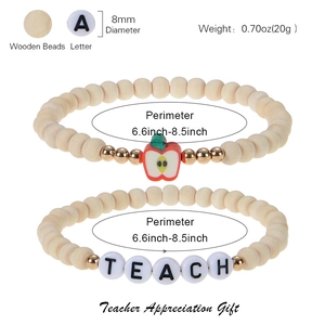 Natural wood beaded teacher bracelet with apple charm and alphabet beads gift set