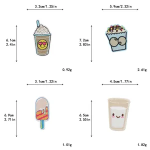 Detailed size specifications for embroidered drink and dessert patches in centimeters