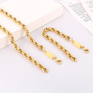 Men's gold titanium steel square tag necklace with double O-chain and lobster clasp