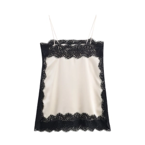 Elegant off-white satin camisole with wide black eyelash lace trim and thin straps