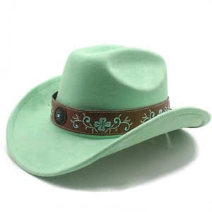 Detail of mint green suede cowboy hat with embroidered leather band and metal buckle