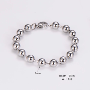 Detail view of 8mm stainless steel bead bracelet with 21cm length and lobster clasp