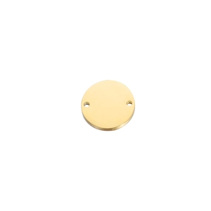 Macro shot of circular gold stainless steel tag with two holes for DIY jewelry