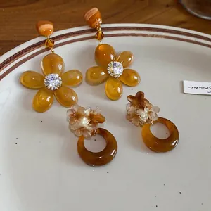Flower Dangle Earrings Resin Amber Rhinestone Retro Elegant With 925 Sterling Silver Earring Post Jewelry For Women