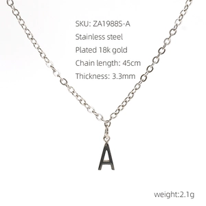 Detail of 18K gold plated stainless steel letter A necklace with chain measurements