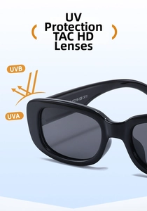 Macro shot of TAC HD lenses and UV protection details on black square kids sunglasses