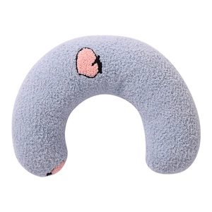 Light blue U-shaped pet pillow with pink heart embroidery for cat neck support and sleep
