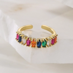 Close-up of 18K gold-plated ring featuring rainbow-colored marquise-cut zircons