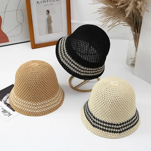 Women Hollow Crochet Bucket Hat Striped Breathable Sun Protection Summer Casual Fisherman Hat