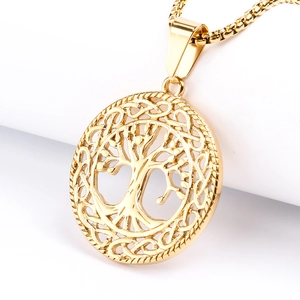 Close-up of golden Tree of Life hollow pendant with intricate woven texture on box chain