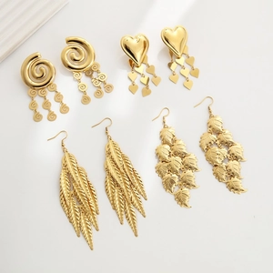 Vintage Stainless Steel Gold Plated Multi Layer Leaf Heart Star Tassel Long Drop Earrings For Women Fashion Jewelry Earring