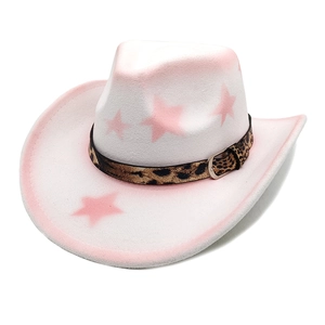Close-up of white felt cowboy hat with pink star patterns and leopard print decorative band