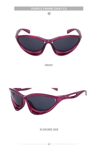 Detail view showing purple translucent cat-eye frame and gray polarized lenses
