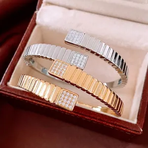Geometric Open Cuff Bangle Copper Real Gold Plating Ribbed Texture Square Ends Zirconia Inlaid Minimalist Jewelry For Women