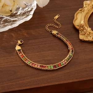 Bohemian double-layer 18K gold snake chain bracelet with colorful rainbow zircon stones