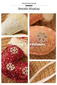 Detail of Christmas stocking ornaments with sequins, snowflake patches and plush trim