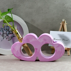 Pink marble cloud hydroponic vase base with glass tube and green plant for home decor