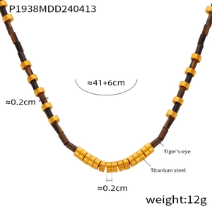 Bohemian minimalist tiger's eye and titanium steel beaded necklace, 41+6cm gold jewelry.