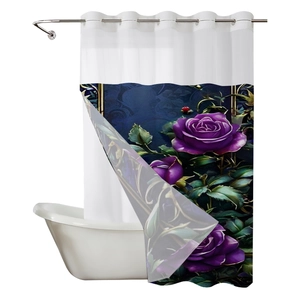 Rideau de douche imperméable avec roses mauves sur un fond bleu foncé au style rétro
