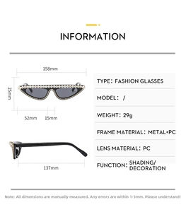 Detailed dimension chart showing frame width 158mm and lens height 25mm for trendy sunglasses