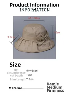 Size chart for ramie sun hat showing brim length, crown depth and head circumference