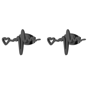 Pair of black heartbeat stainless steel stud earrings for women on a white background