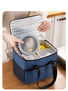Detail of blue double-layer insulated lunch bag with thick aluminum foil lining