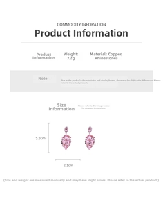 Macro detail of pink rhinestone teardrop earrings with dimensions and material info