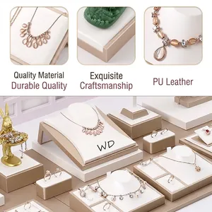 Champagne gold frame jewelry display set with beige PU leather for necklaces and rings