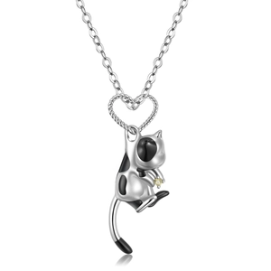 Cute S925 sterling silver tuxedo cat necklace featuring a yellow gemstone pendant