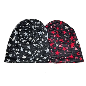 Distressed knit beanies with star print in black, grey and red colors for street style