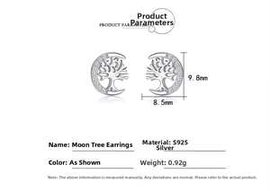 Detailed view of S925 silver moon tree stud earrings with dimensions and diamond accents