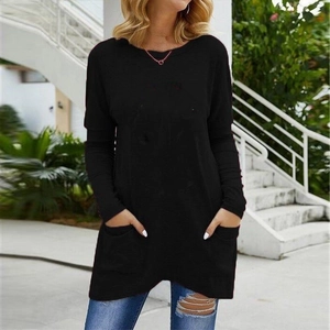 Outdoor shot of a casual black long-sleeve T-shirt with dual side pockets and tunic length