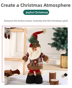 Detail of Santa Claus plush doll with red plaid coat and pointed hat in Christmas decor