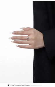 Detail of a minimalist S925 sterling silver ring with white agate on a hand
