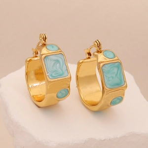 Irregular geometric stainless steel hoop earrings with cyan blue marble enamel