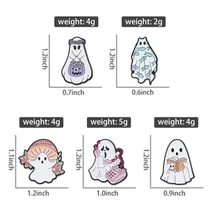 Size chart showing dimensions and weight for five cartoon ghost enamel pins