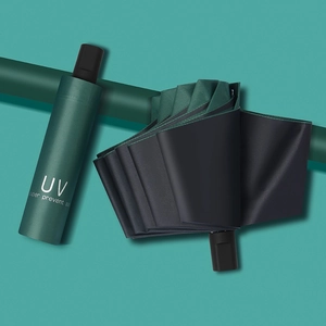 Paraguas plegable verde oscuro con revestimiento negro anti-UV para sol y lluvia