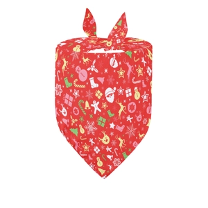Detail of red Christmas pet bandana featuring Santa, reindeer, and snowman festive patterns