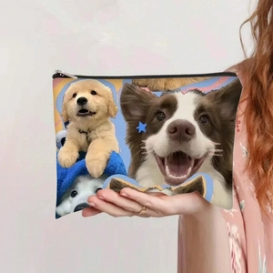 Detail der Make-up-Tasche aus Segeltuch mit Golden Retriever Print und Reißverschluss