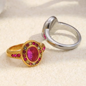 Vintage 18K gold and silver plated rings with red oval gemstones and colorful zircons