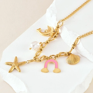 Golden ocean-themed necklace with starfish, dolphin, shell charms and white pearl