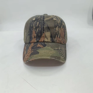 Detailed front view of jungle camouflage baseball cap with durable cotton twill stitching