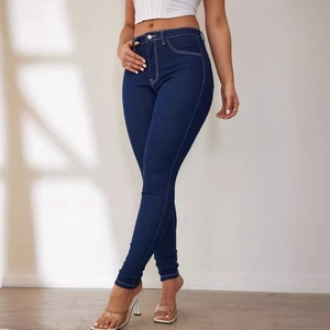 Slim fit high waist skinny jeans in dark blue with contrast white stitching for women