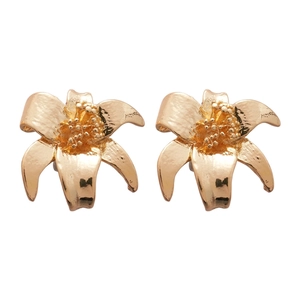 Elegant gold lily flower stud earrings with textured metallic petals for women